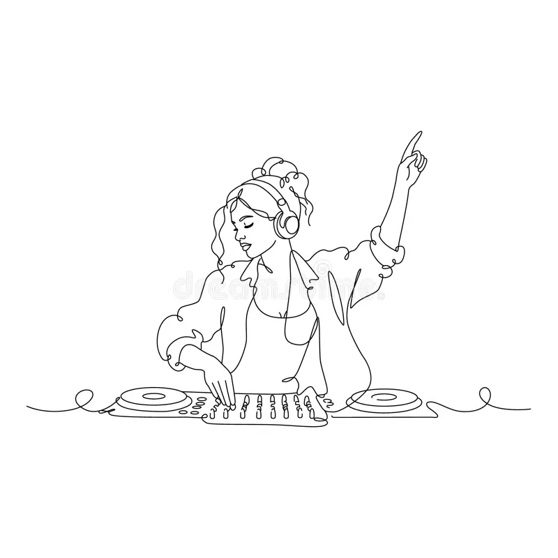Dibujo lineal de una DJ mezclando música