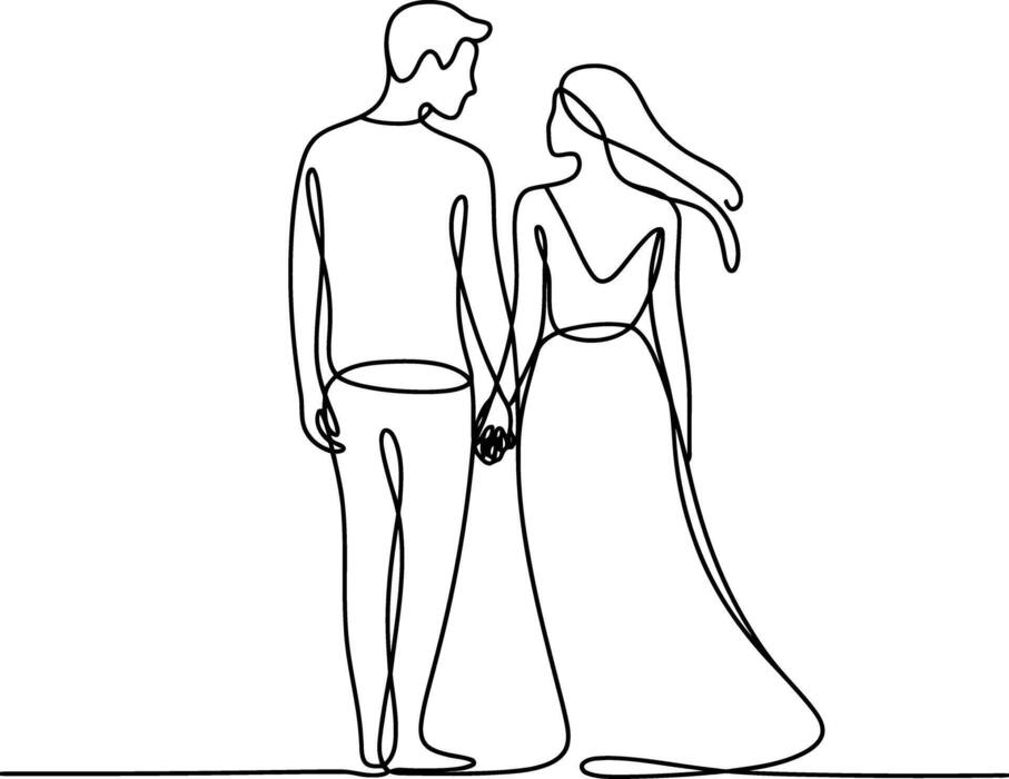 Dibujo lineal de la pareja caminando de espaldas, con el pelo y el vestido al viento